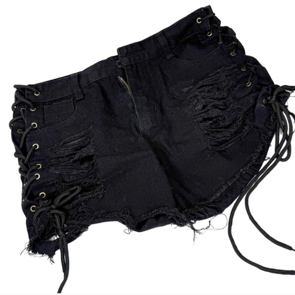 Black Distressed Lace-Up Women Shorts - Picture 1 of 5